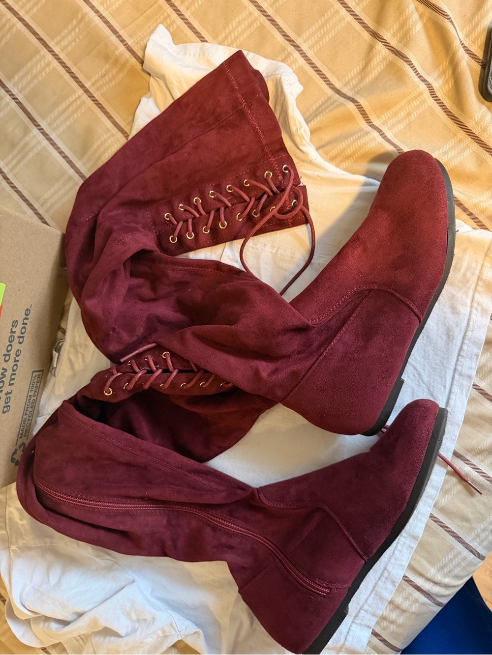 Over-the-Knee Lace-Up Boots in Burgundy Suede